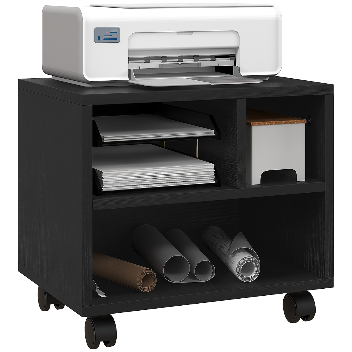 HOMCOM 3-Compartment Printer Stand on Wheels with Brakes, Black
