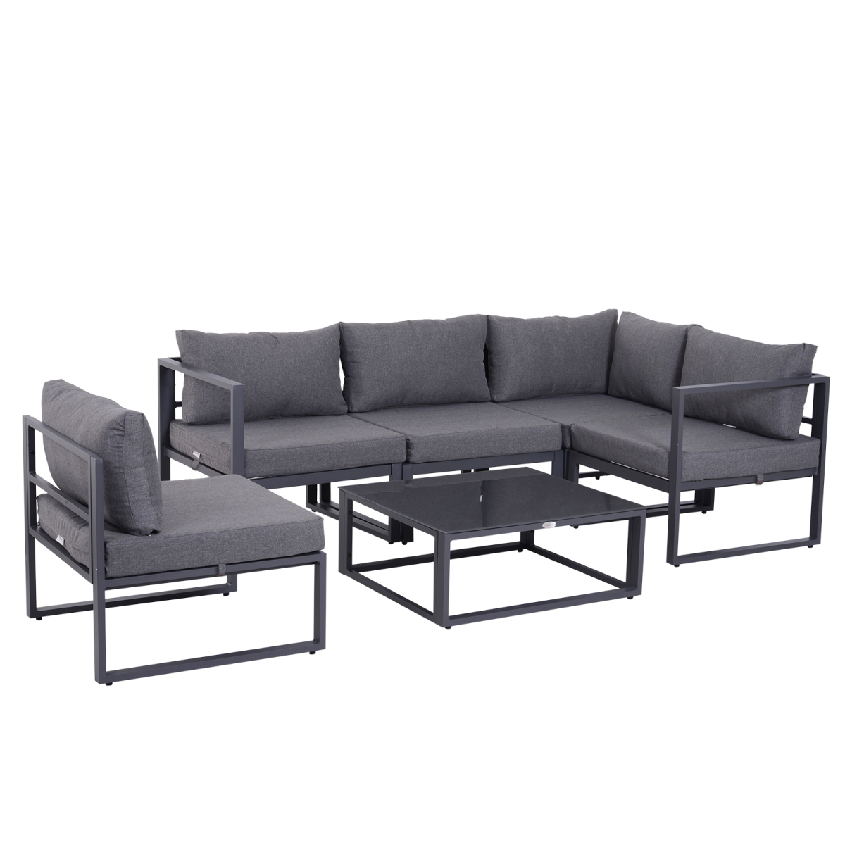 6-Piece Outdoor Sectional Sofa Set with Coffee Table, Aluminum Frame, Cushions, Tempered Glass Tabletop