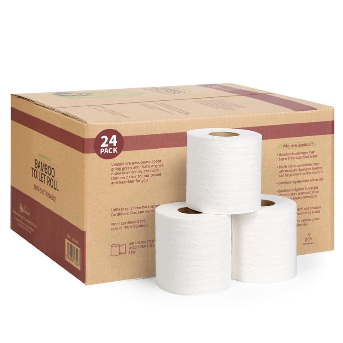 Vinsani Bamboo Toilet Rolls 24 Pack Eco-Friendly Sustainable Toilet Roll
