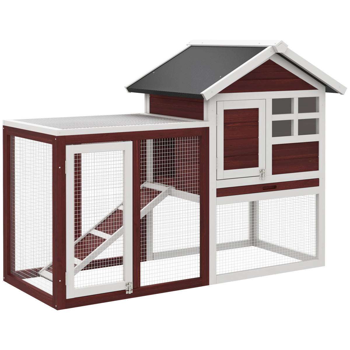 PawHut 122cm Wooden Rabbit Hutch with Ramp, Slide-Out Tray, Multiple Doors, Asphalt Roof