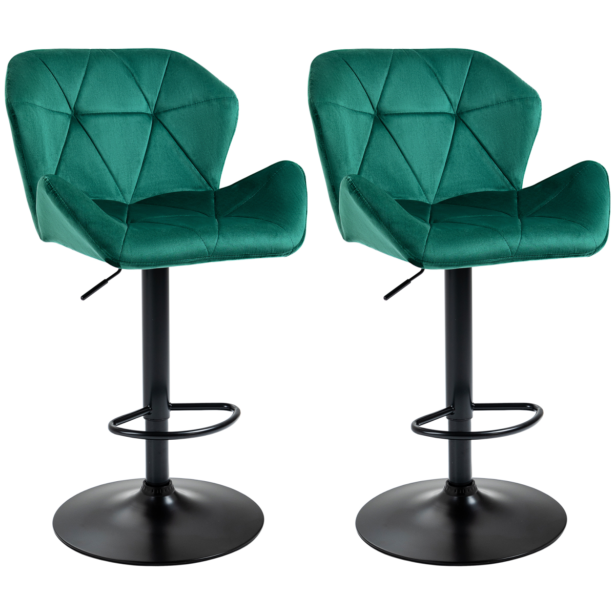 HOMCOM Set of 2 Adjustable Velvet Bar Stools with Footrest, Green