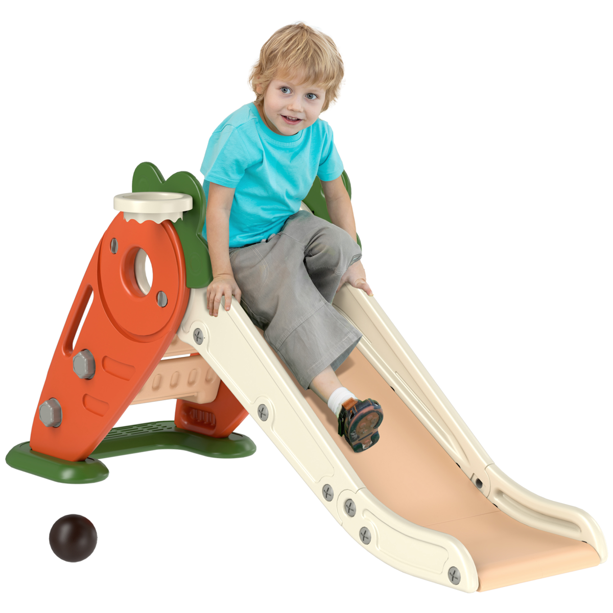 AIYAPLAY 3-in-1 Carrot Kids Indoor Slide with Basketball Hoop, Foldable