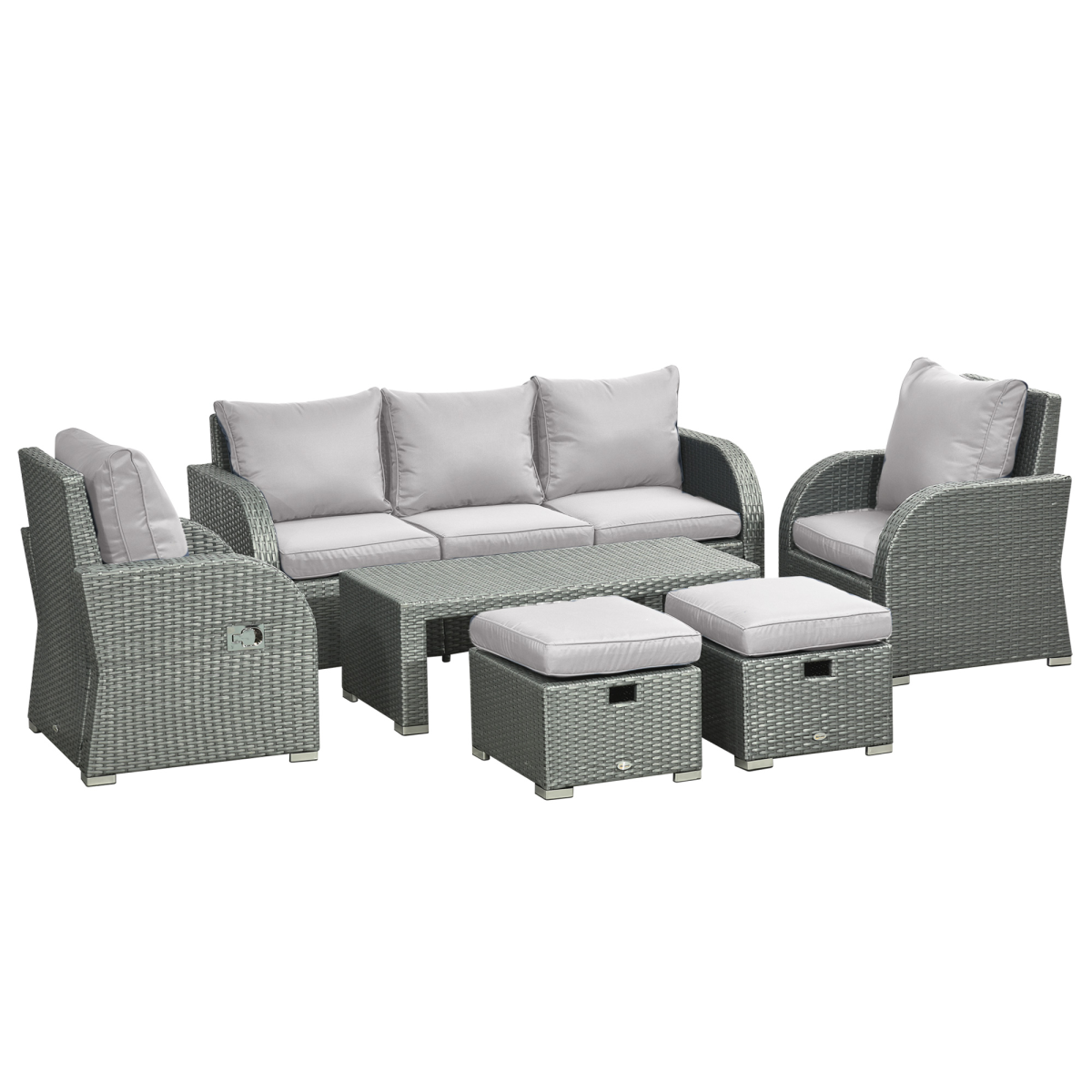 Outsunny 7-Seater Outdoor Garden Rattan Furniture Set with 2 Reclining Armchairs, 3-Seater Sofa, 2 Footstools and Table - Grey