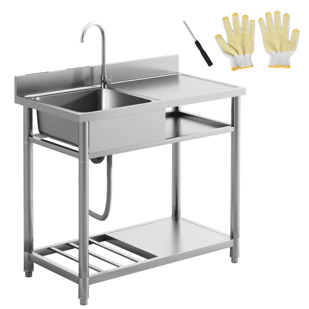 HOMCOM Stainless Steel Outdoor Kitchen Sink Unit with Hot and Cold Water Connection, Storage Shelves and Backsplash