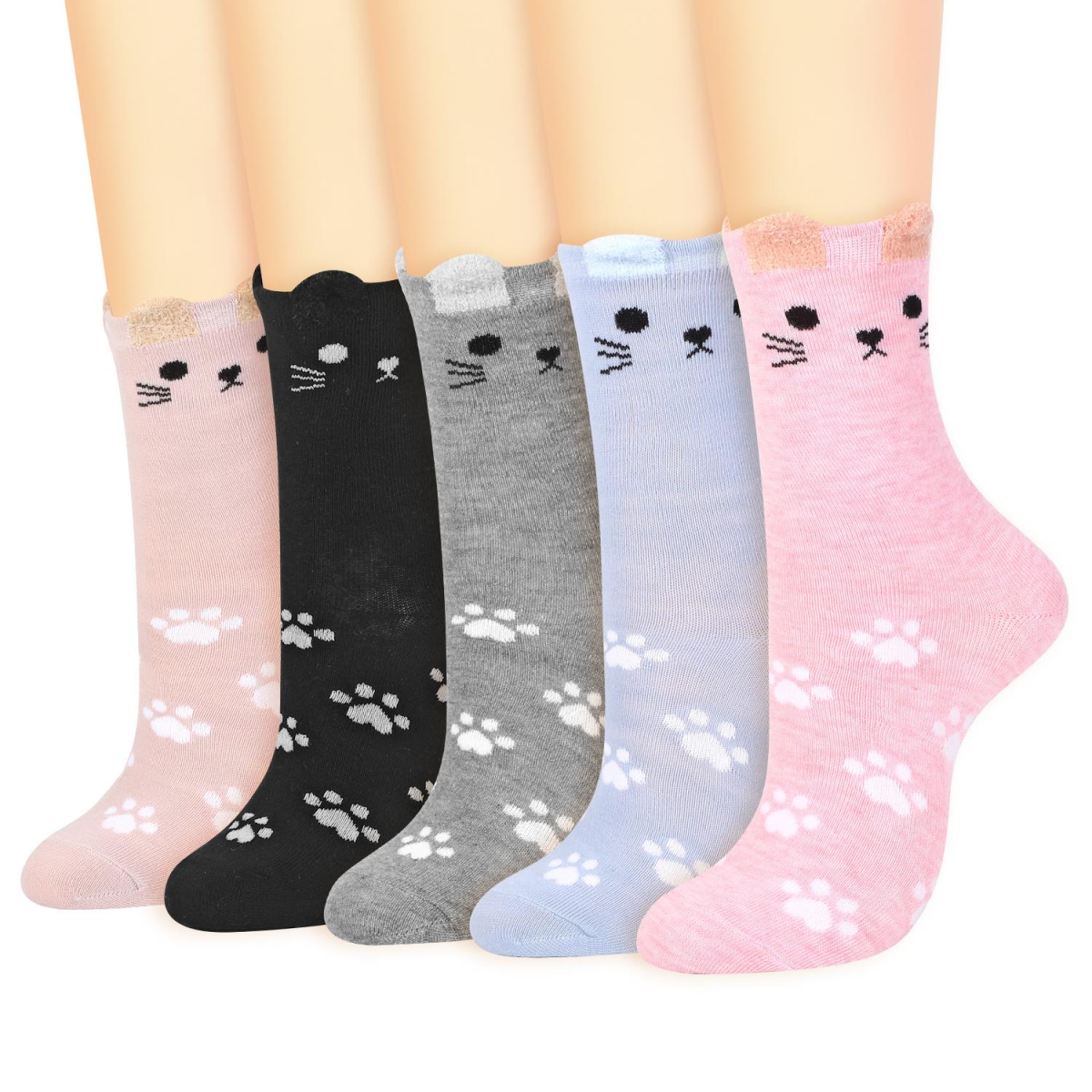 Vinsani Women's Cat Socks 5 Pack, UK 4-7 / EU 37-40