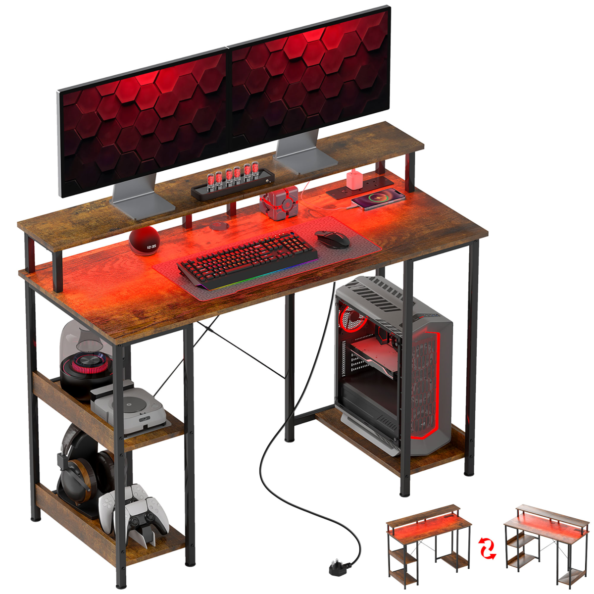 HOMCOM Reversible Computer Desk with Storage and RGB Light, Rustic Brown