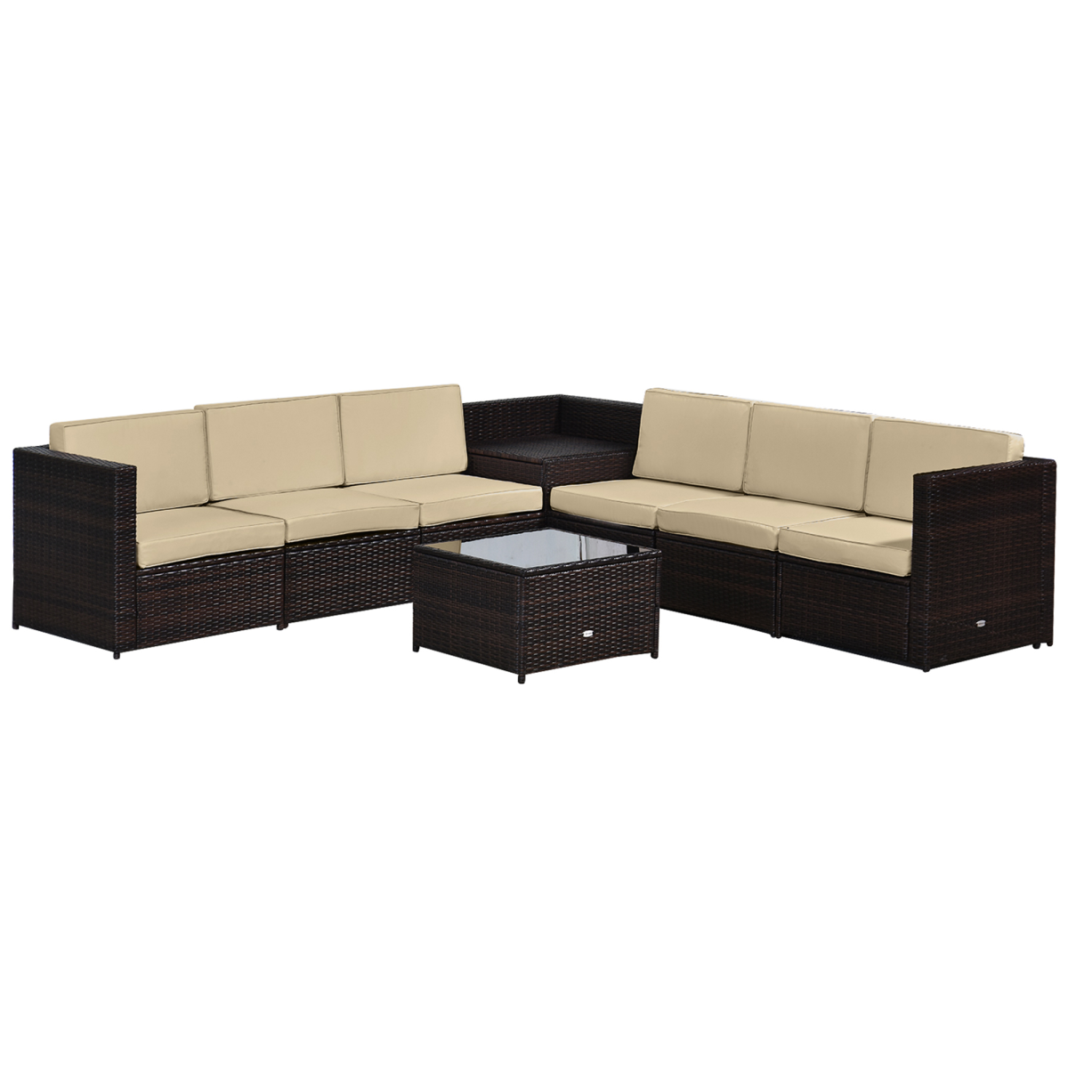 Outsunny 6-Seater Outdoor Rattan Sofa Furniture Set with Cushions, Steel Frame and Tempered Glass Table, Brown