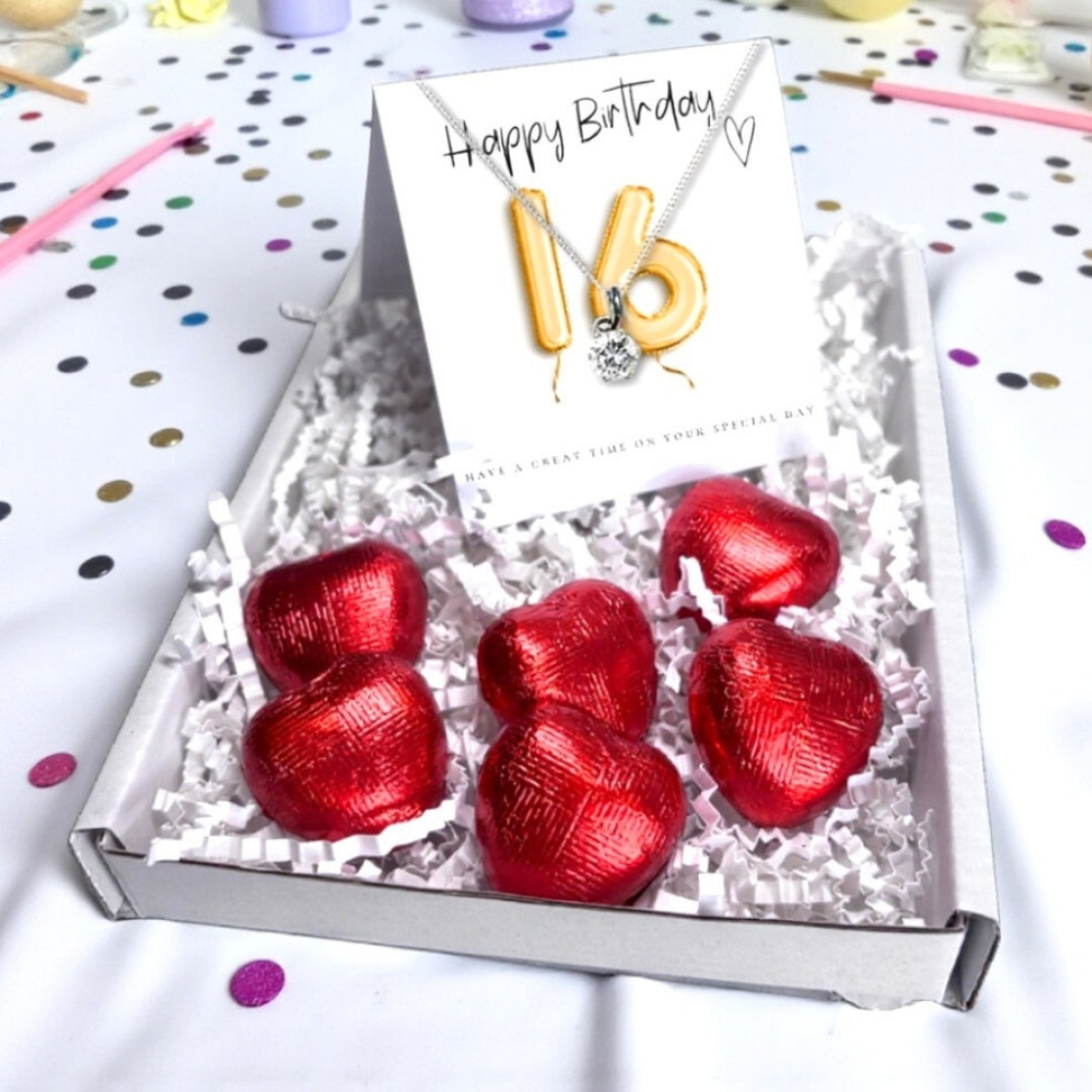 16th Birthday Sterling Silver Cubic Zirconia Necklace Mini Hamper with Gold Balloons Message Card and Milk Chocolate Hearts
