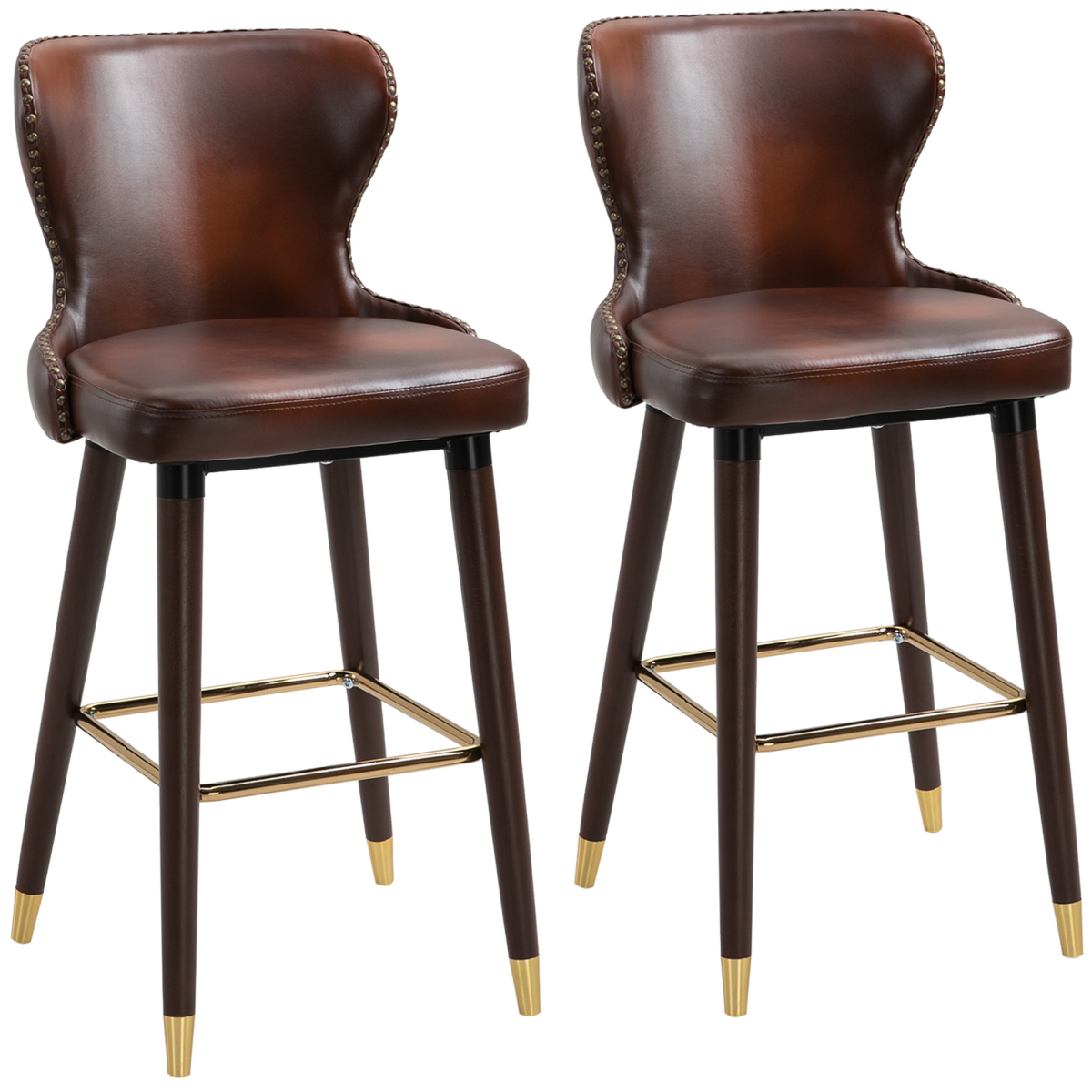 HOMCOM Set of 2 Brown PU Leather Bar Stools with High Back