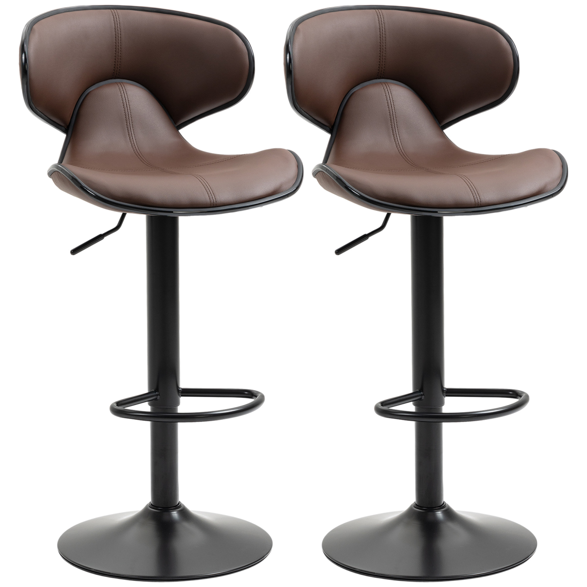 HOMCOM Set of 2 Adjustable Swivel Bar Stools with Backrest, Footrest and Steel Frame, Faux Leather Upholstery
