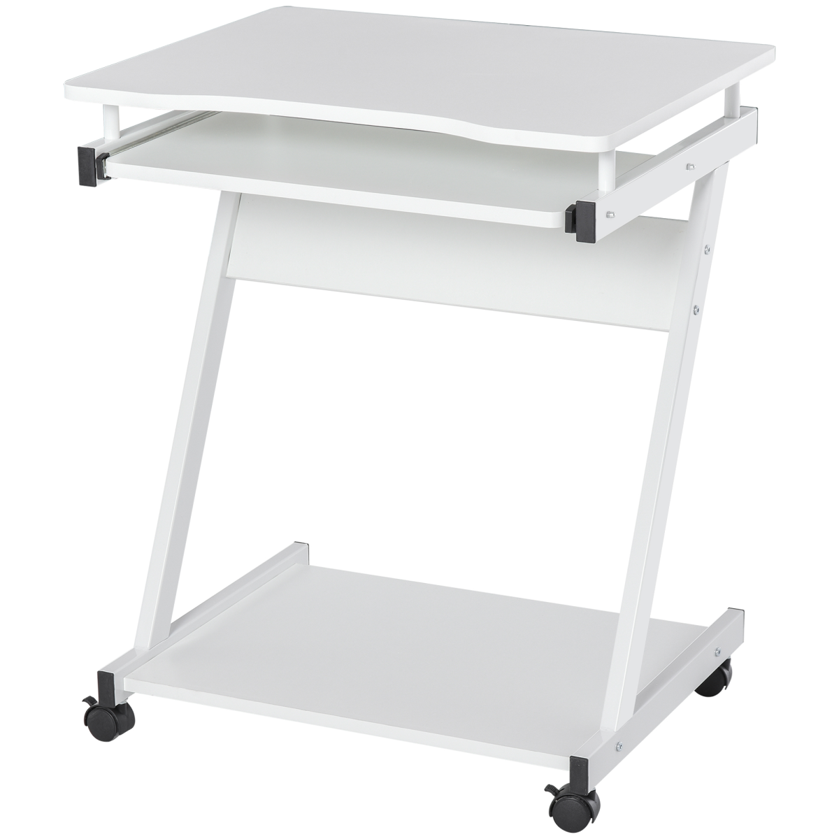 HOMCOM Computer Desk with Sliding Keyboard Tray, 4 Wheels, Bottom Shelf, White