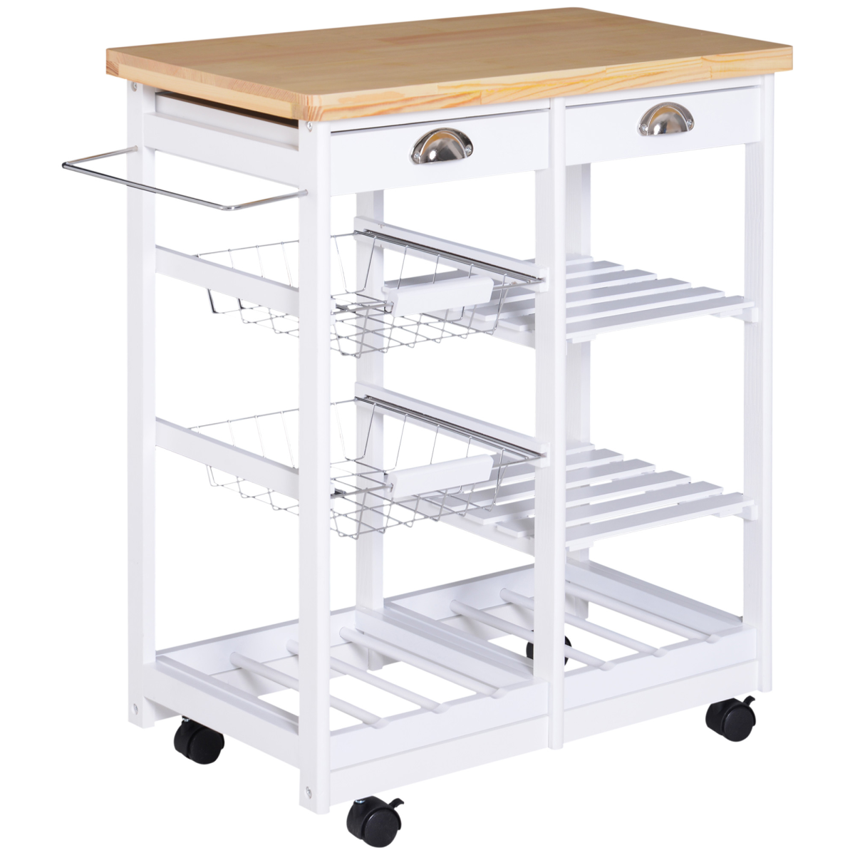 HOMCOM Kitchen Island with 2 Drawers, Pull-Out Shelves, Wire Baskets, Wine Rack and Wheels, 74 x 37 x 76 cm, White