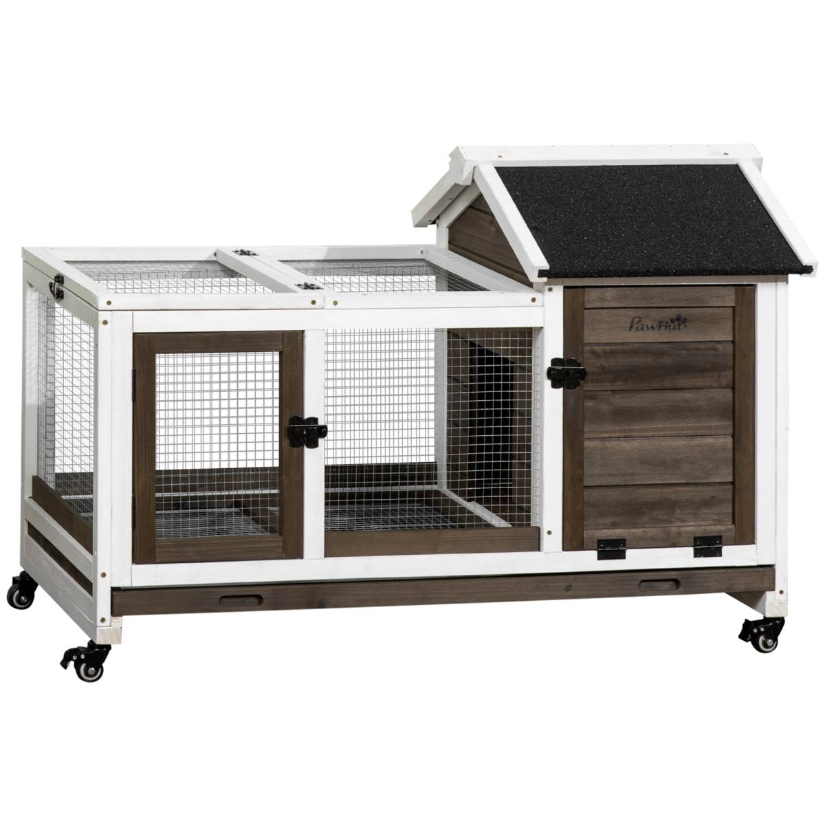 Rabbit Hutch with Slide-Out Tray, Wheels, and Openable Roof for Indoor and Outdoor Use