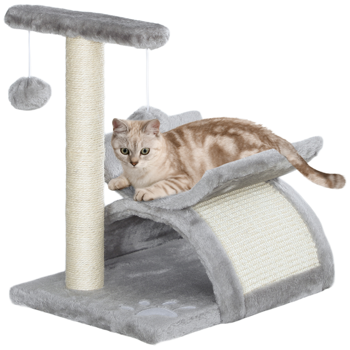 PawHut Small Cat Play Tower Plush Scratcher with Tunnel, Scratching Bridge and Dangling Balls