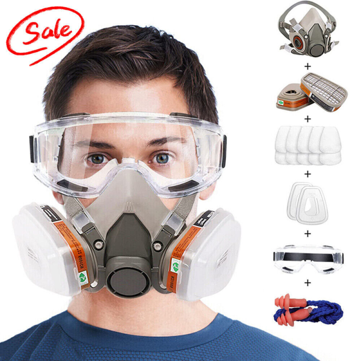 Reusable Full Face Respirator Mask with 6001 Filter Cartridges, Safety Goggles and Earplugs