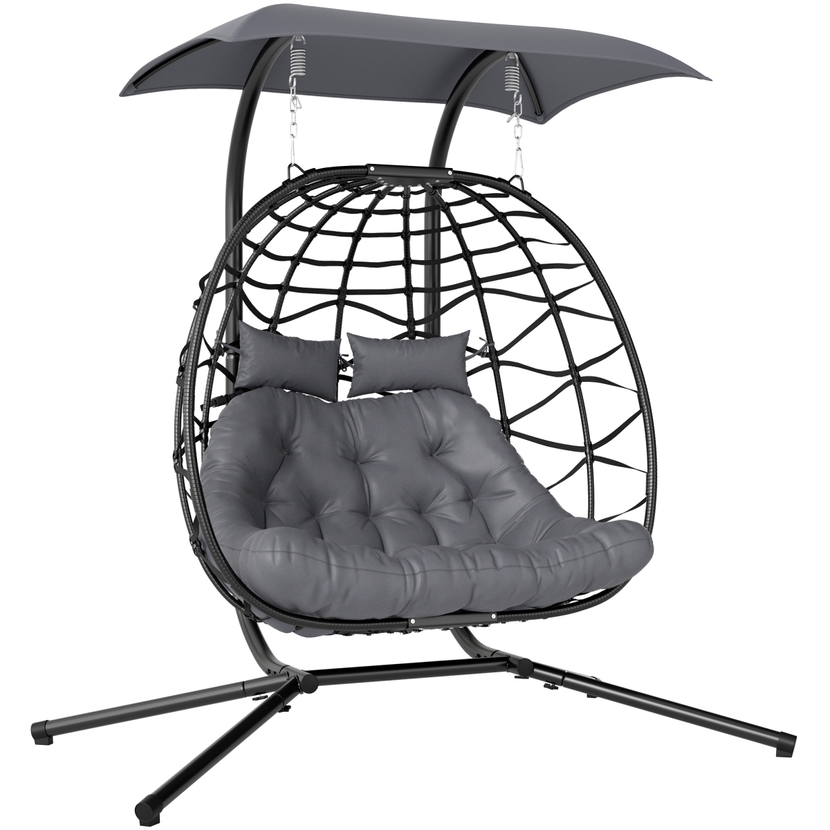 Outsunny Rattan Double Hanging Egg Chair with Canopy & Cushion, Black