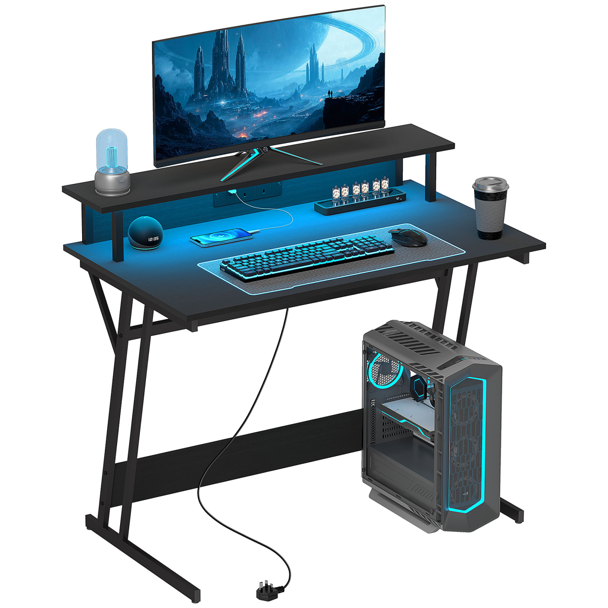 HOMCOM RGB LED Gaming Desk with Power Outlets & Monitor Stand, Black