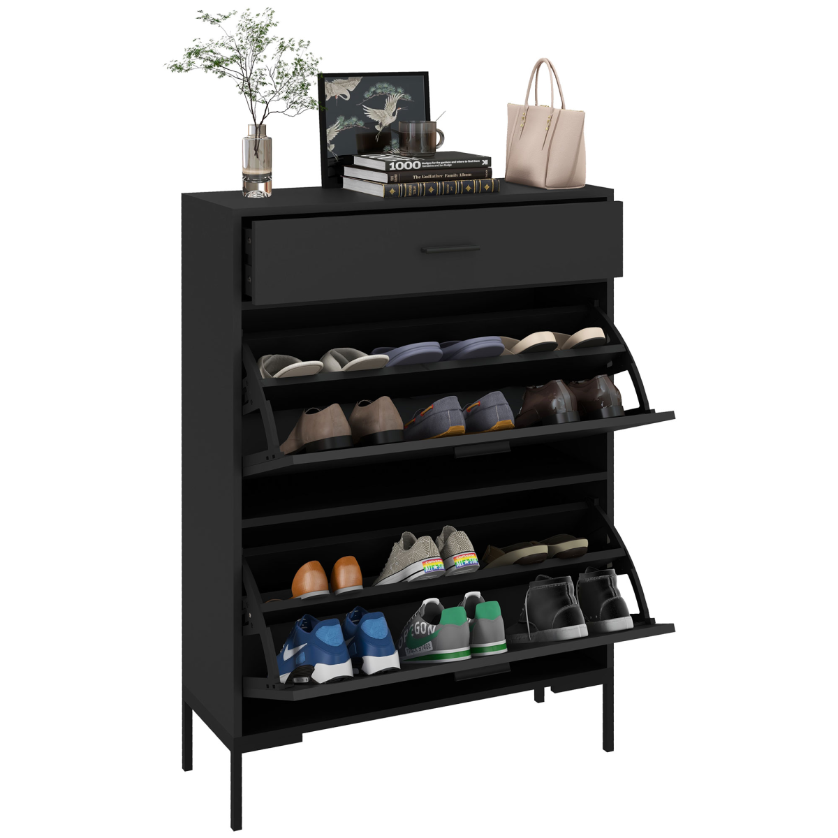 HOMCOM Slim Shoe Storage Cabinet with 2 Flip Drawers, Black