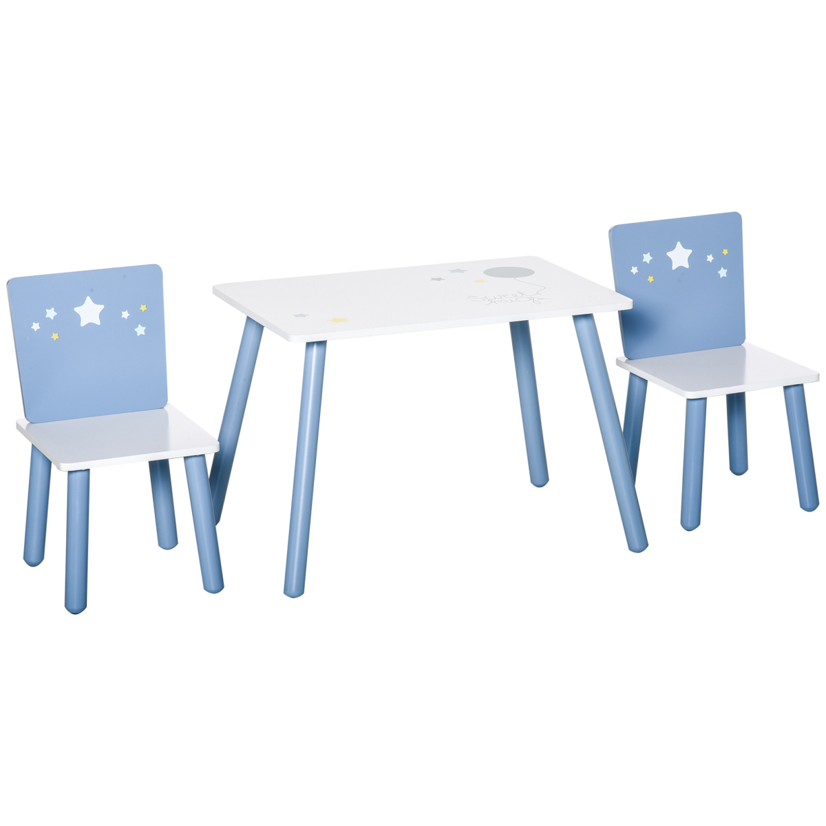 3 Piece Kids Table and 2 Chairs Set, White and Blue Stars and Balloon Design, Pine Wood Legs, Rounded Edges