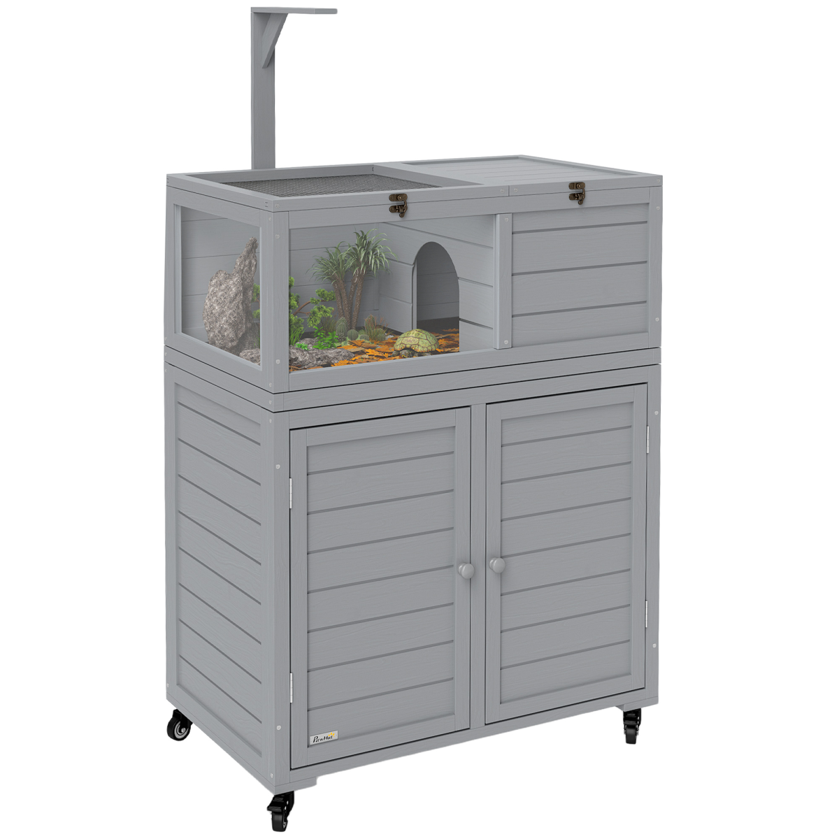 PawHut Tortoise House with Storage Cabinet, Openable Top & Lamp Holder