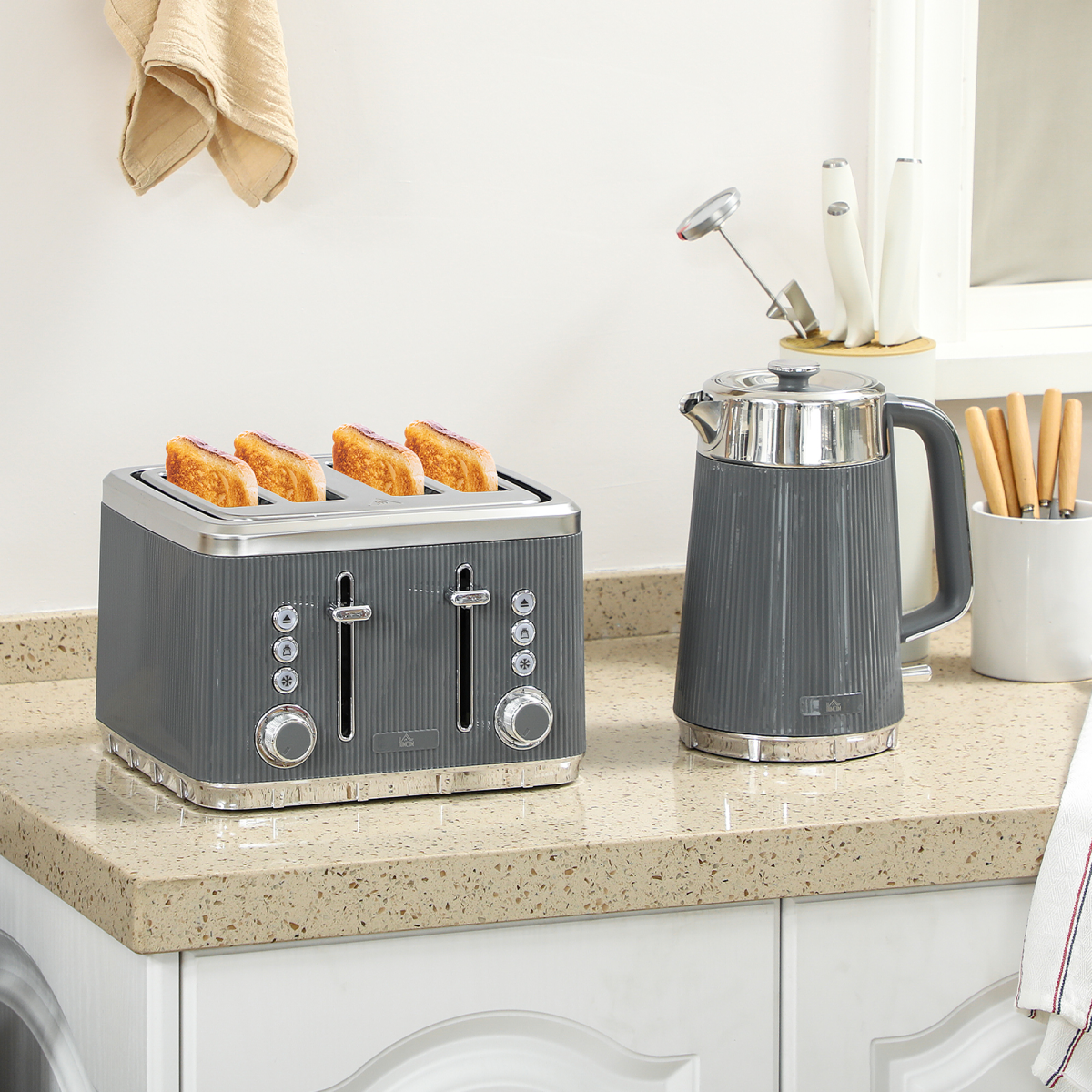 Grey Electric Kettle and 4-Slice Toaster Set