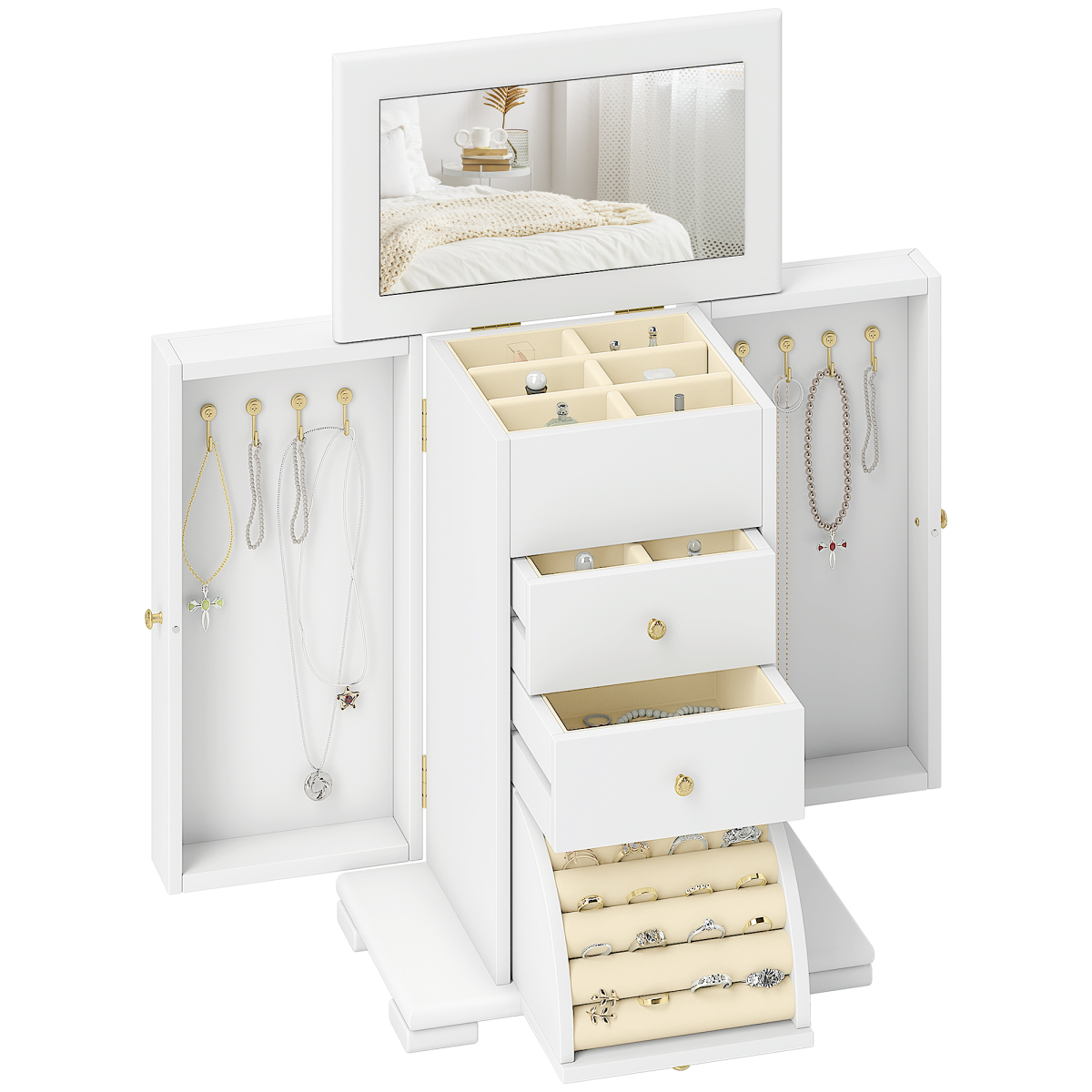 HOMCOM 4-Tier Jewellery Box with Mirror and 2 Drawers, White
