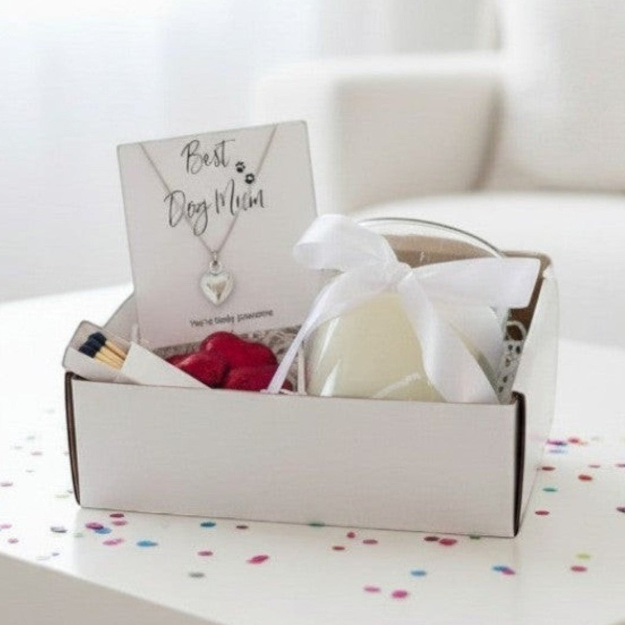 Best Dog Mum Gift Hamper with Silver Necklace, Vanilla Candle & Chocolate Hearts