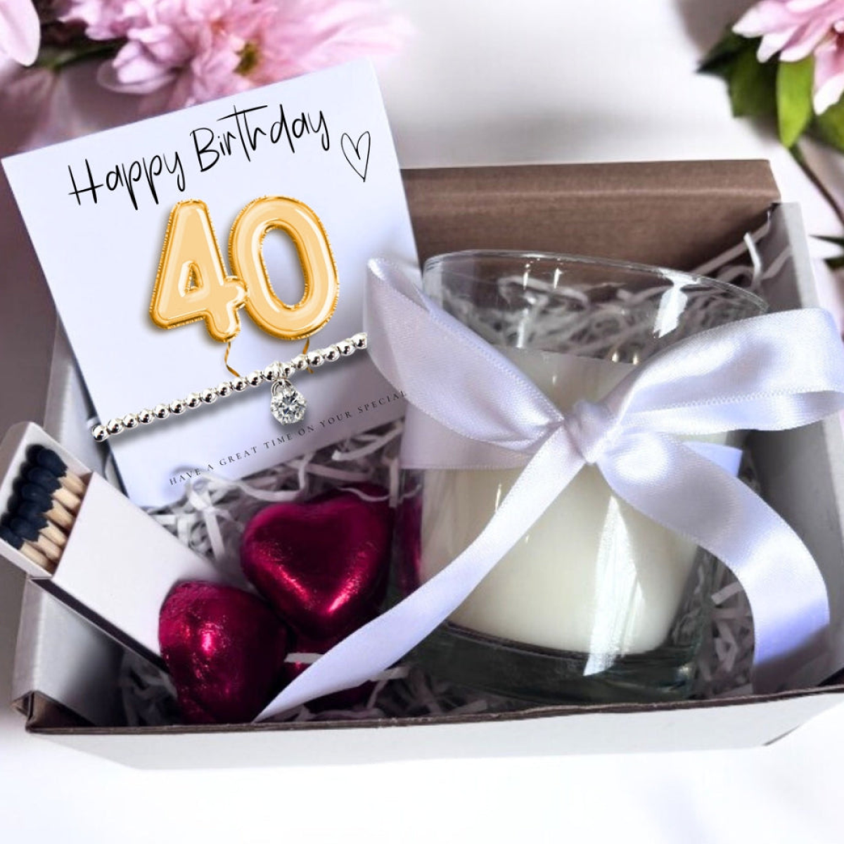 40th Birthday Gold Balloons Gift Hamper with Cubic Zirconia Bracelet, Linen Scented Candle, Chocolate Hearts and Matches