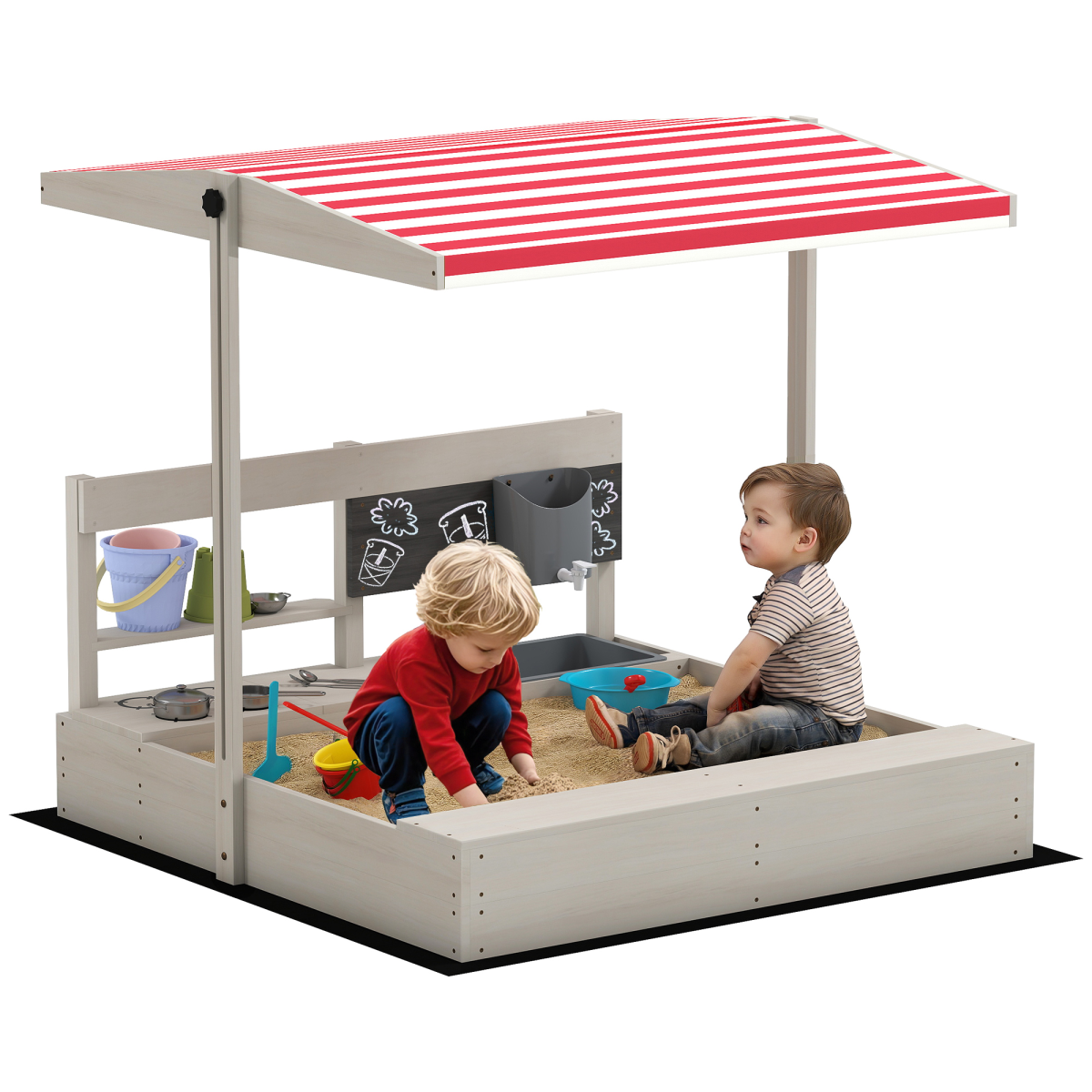 Outsunny Kids Wooden Sandbox with Canopy, Seat & Kitchen Toys