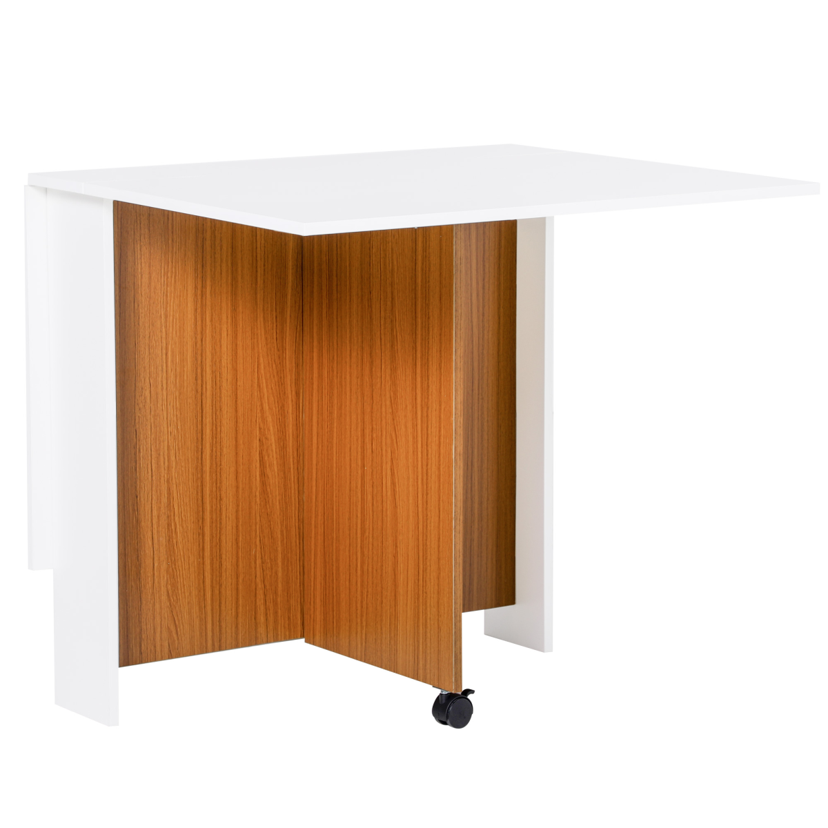 HOMCOM Folding Drop Leaf Dining Table and Writing Desk with Casters, Teak/White