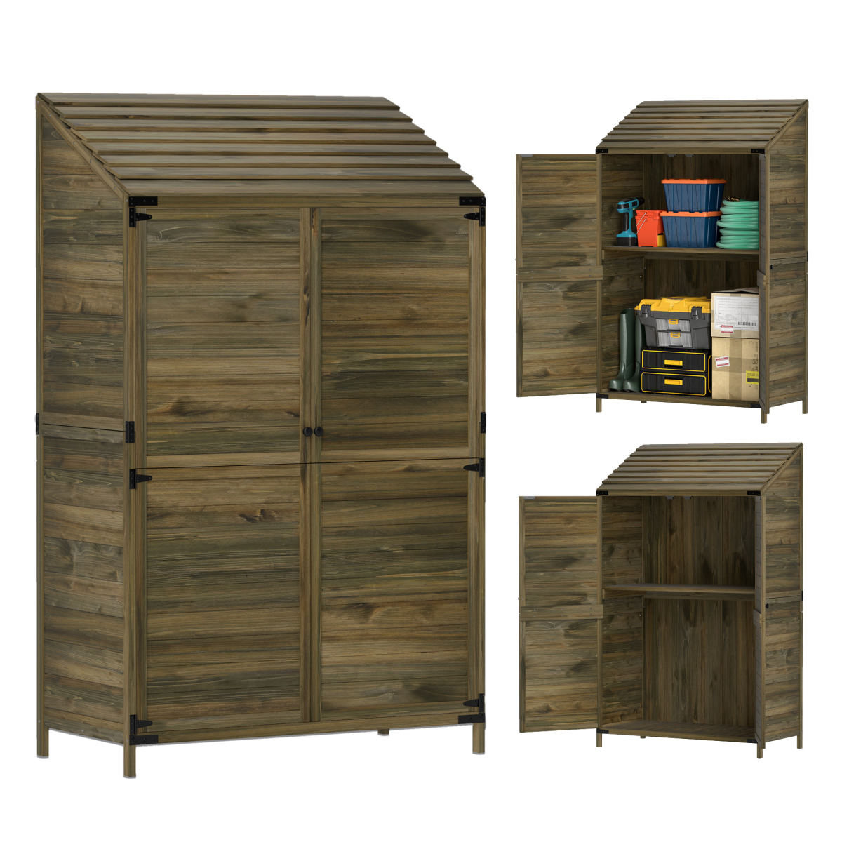 Outsunny Wooden Garden Storage Shed with Double Doors and Shelves, Green