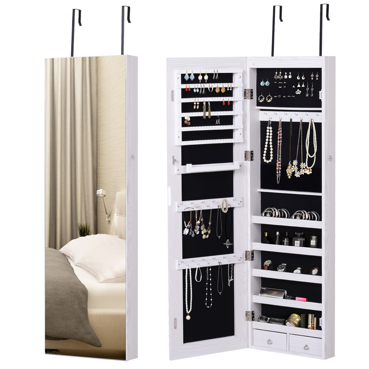 Lockable Hanging Mirrored Jewellery Cabinet with 6 LED Lights, White