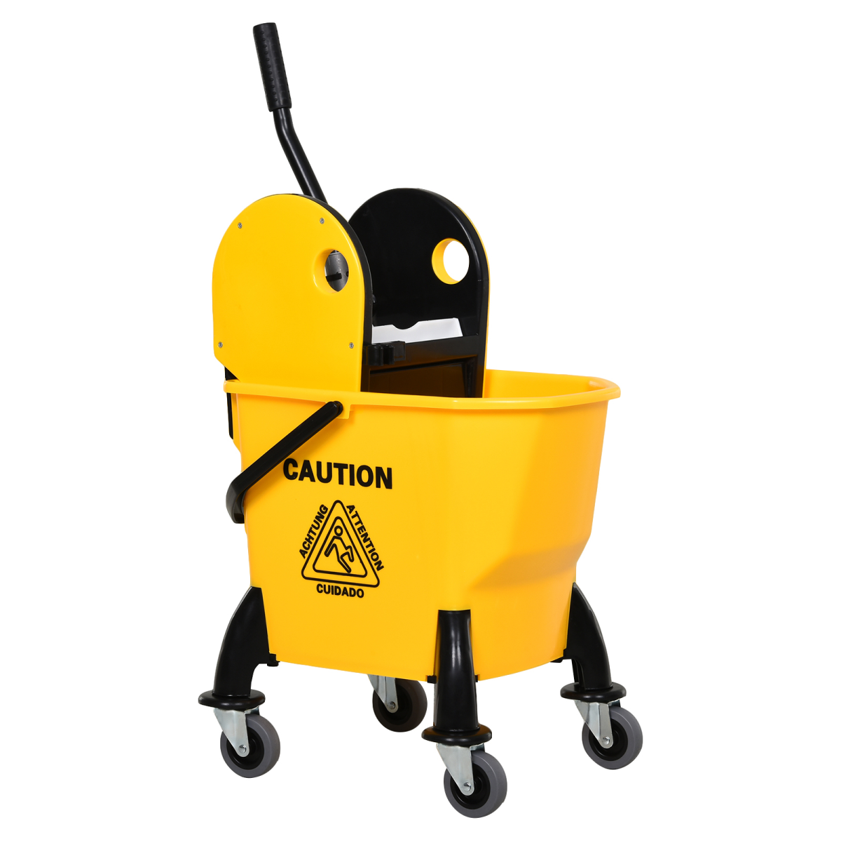 26L Mop Bucket with Wringer, 4 Castor Wheels, Yellow Plastic Body, Metal Handle