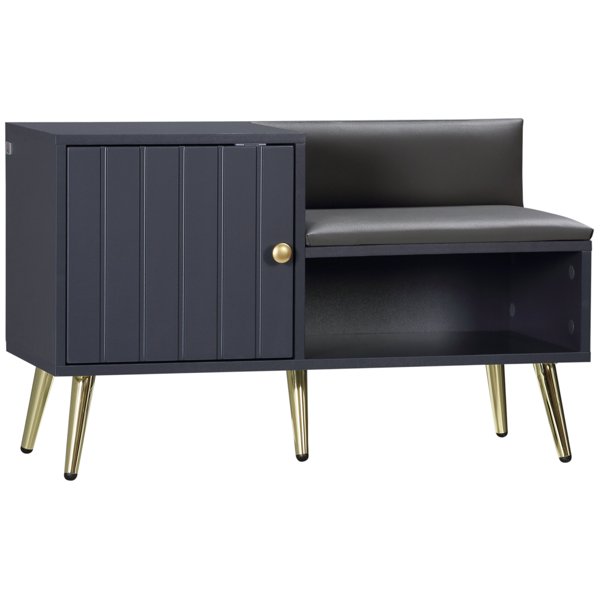 Grey Shoe Storage Bench with Cushion, Door Cabinet and Open Shelf for Entryway Hallway