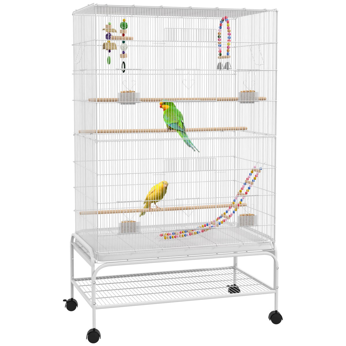 PawHut Bird Cage with Stand, Wheels & Toys for Budgies and Finches, White