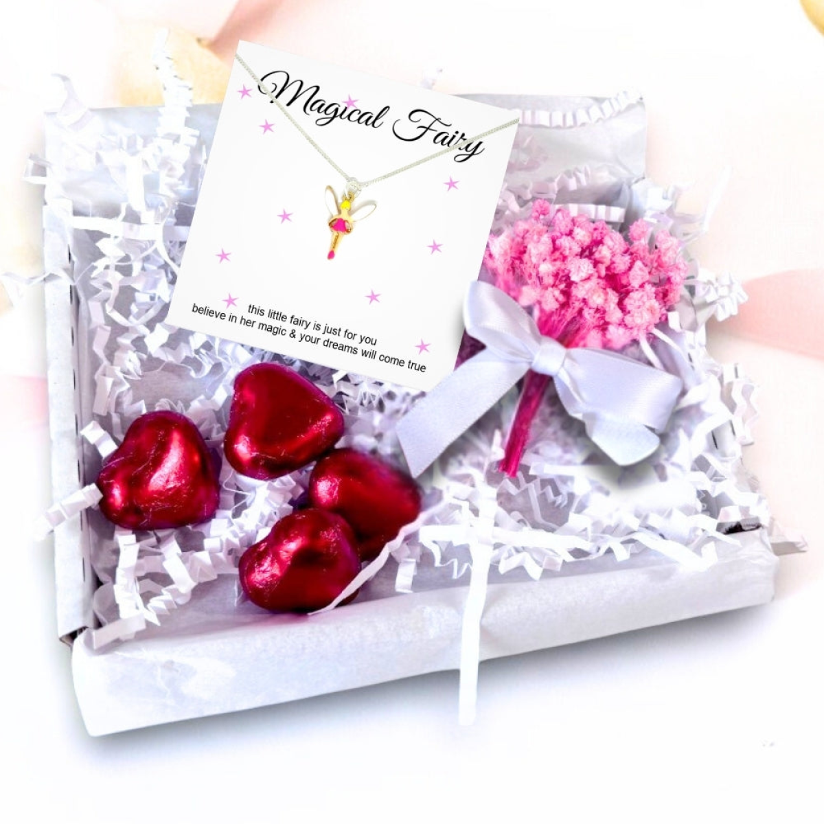 Magical Fairy Pink Enamel Necklace Gift Hamper with Mini Flower Bouquet and Milk Chocolate Hearts