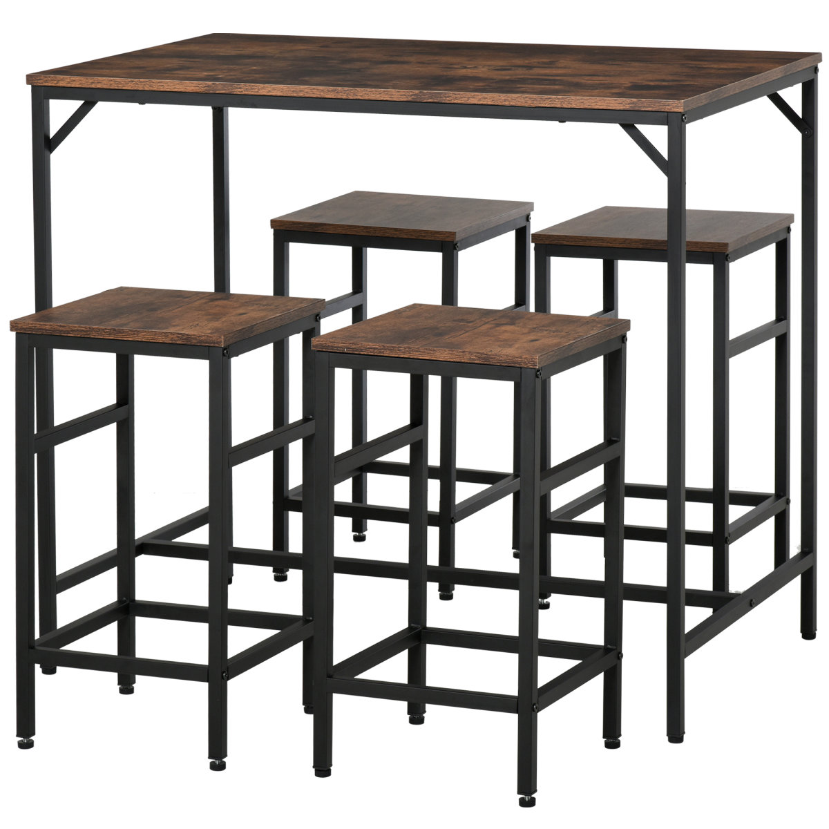 HOMCOM 5-Piece Space-Saving Bar Dining Set with Table and 4 Stools, Rustic Wood and Dark Metal