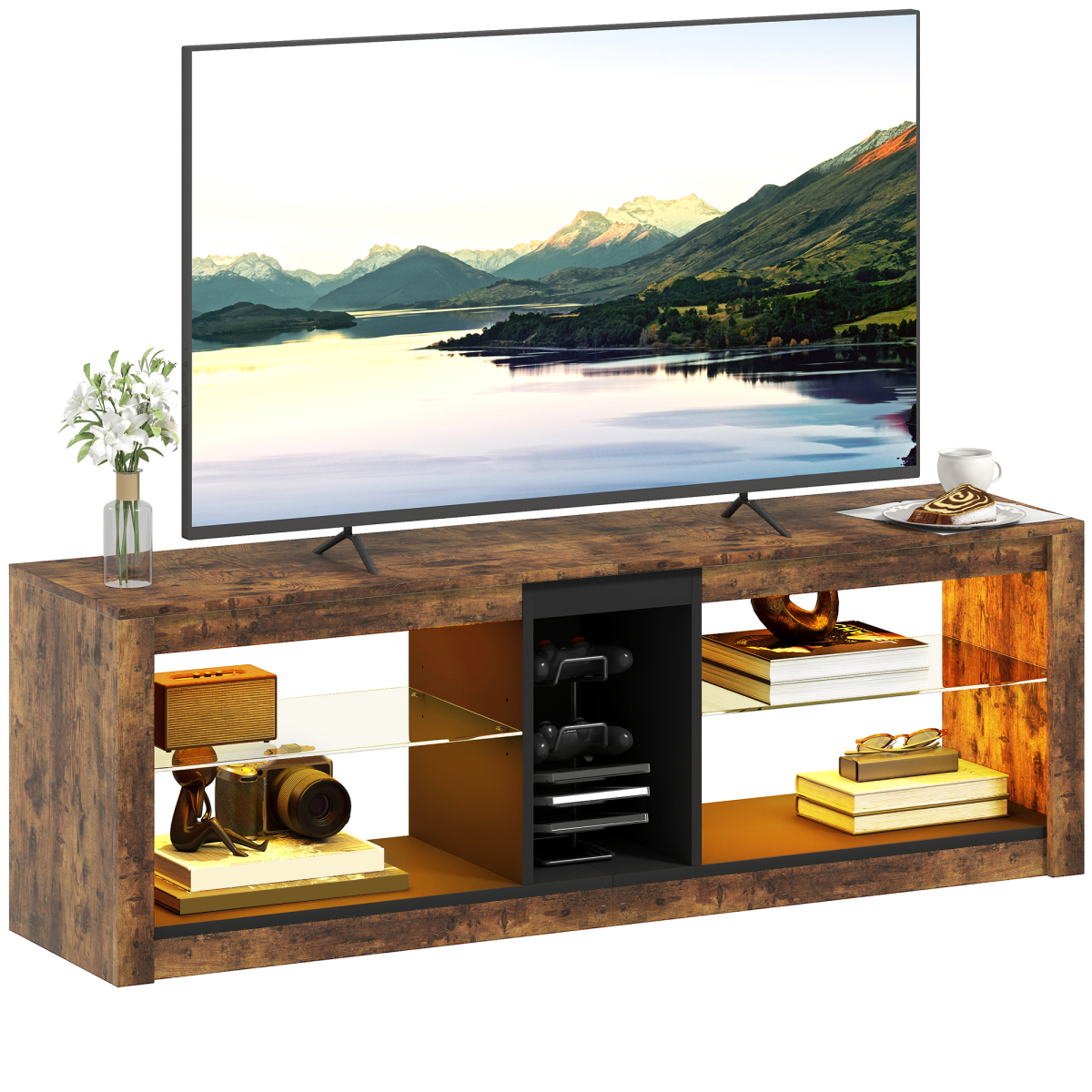 HOMCOM LED TV Stand, Rustic Brown, 140cm Entertainment Centre