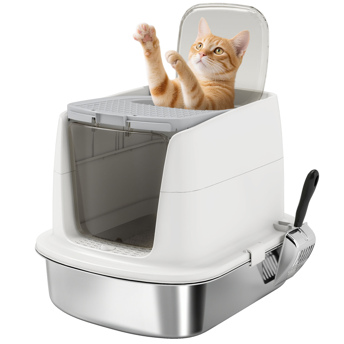 PawHut Enclosed Stainless Steel Cat Litter Box with Scoop