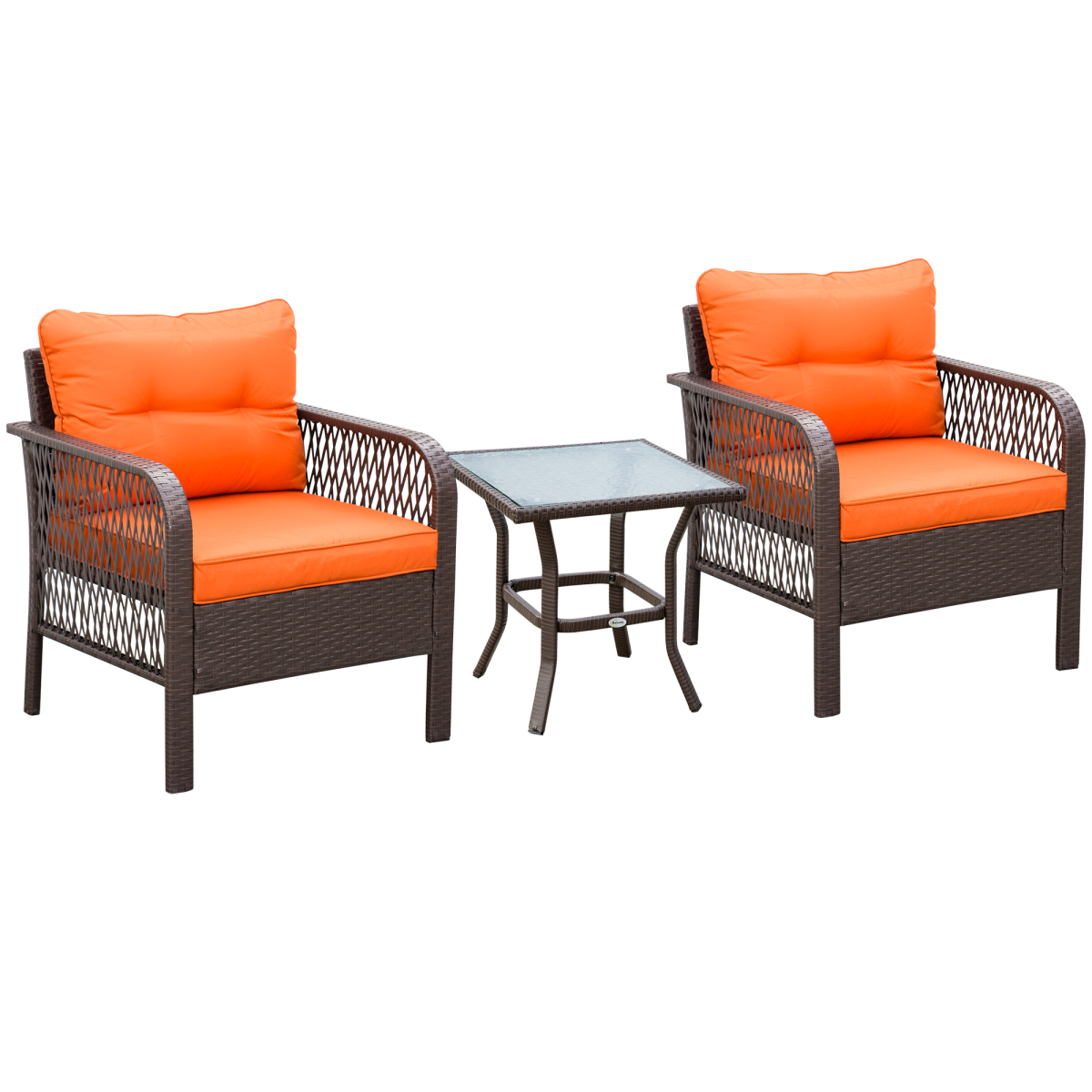 Outsunny 3-Piece Orange Patio Rattan Bistro Set with Cushions & Glass Table