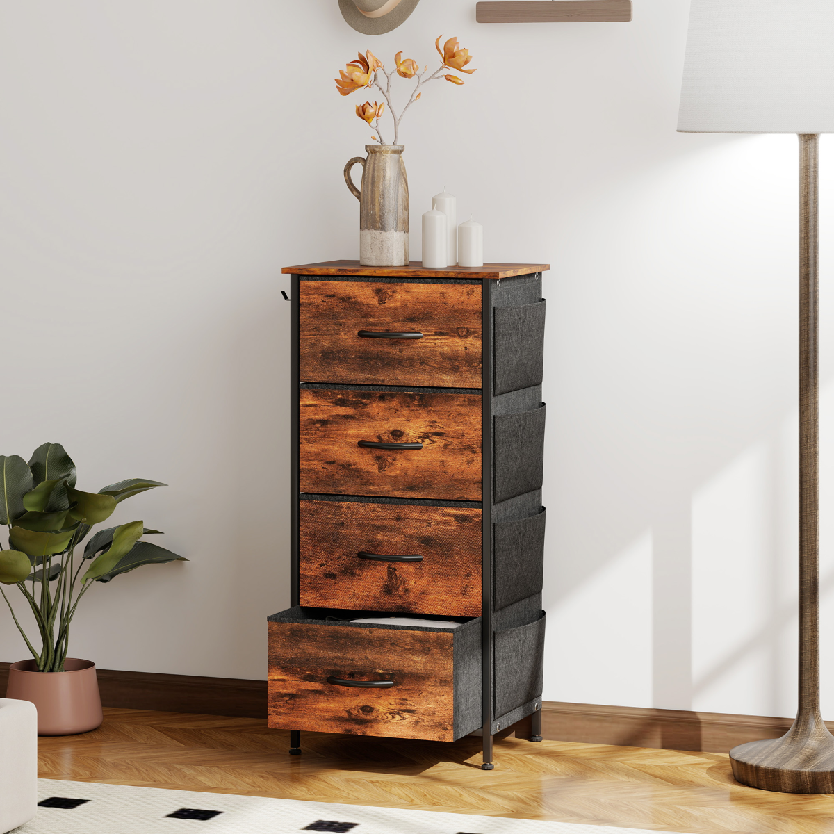 4-Drawer Fabric Chest of Drawers with Storage Pockets and Hooks