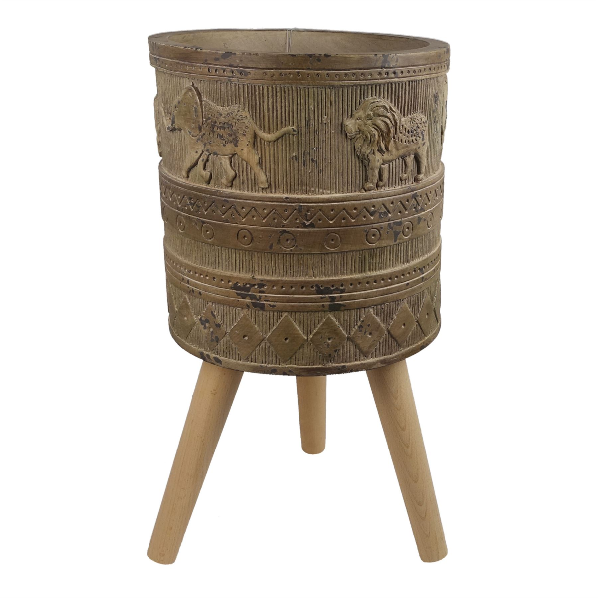 Leaf Large Jungle Planter with Legs, Embossed Lion Elephant, 55cm x 29cm, Fibreglass Composite