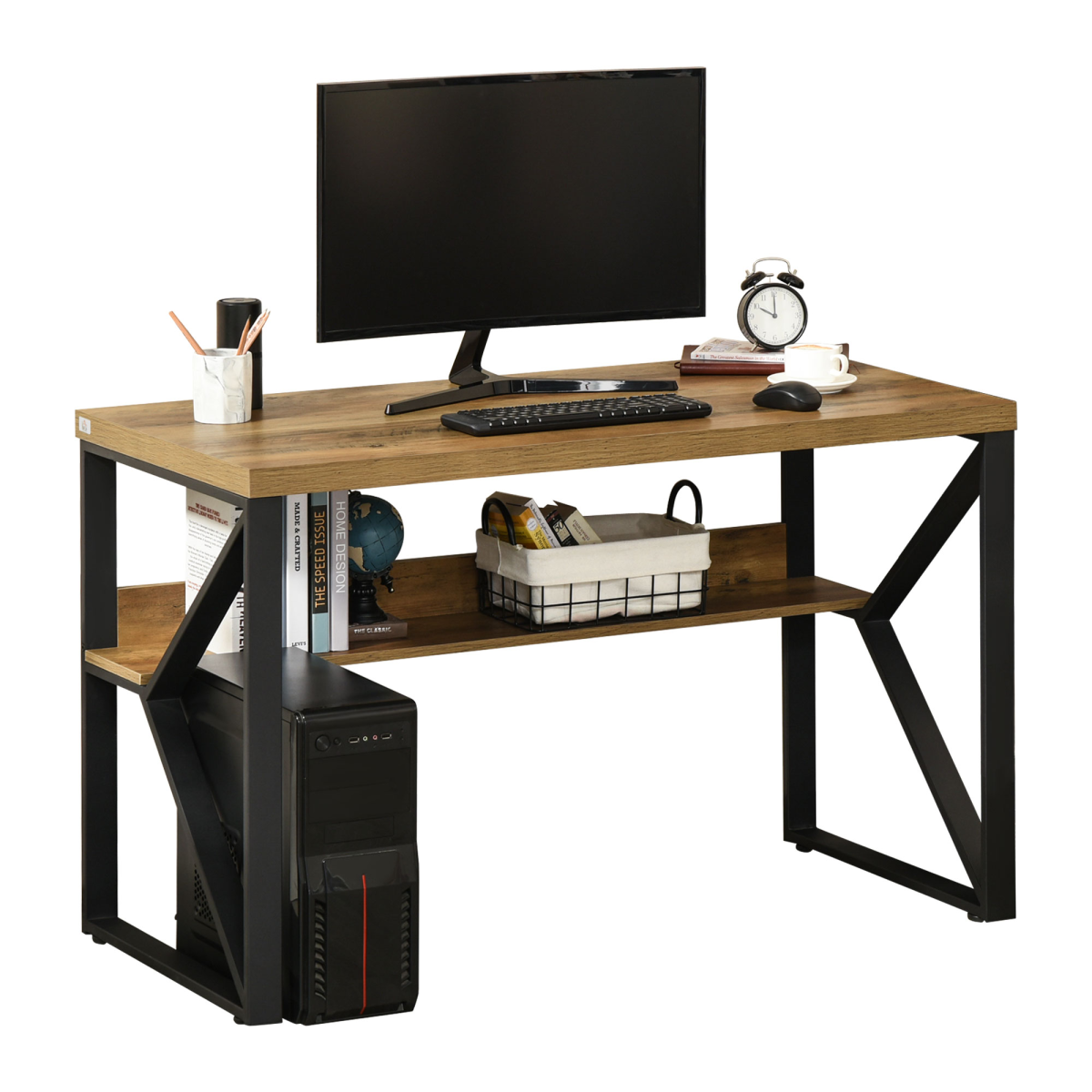 Computer Writing Desk with Storage Shelf, Steel K-Leg Frame, Home Office Workstation