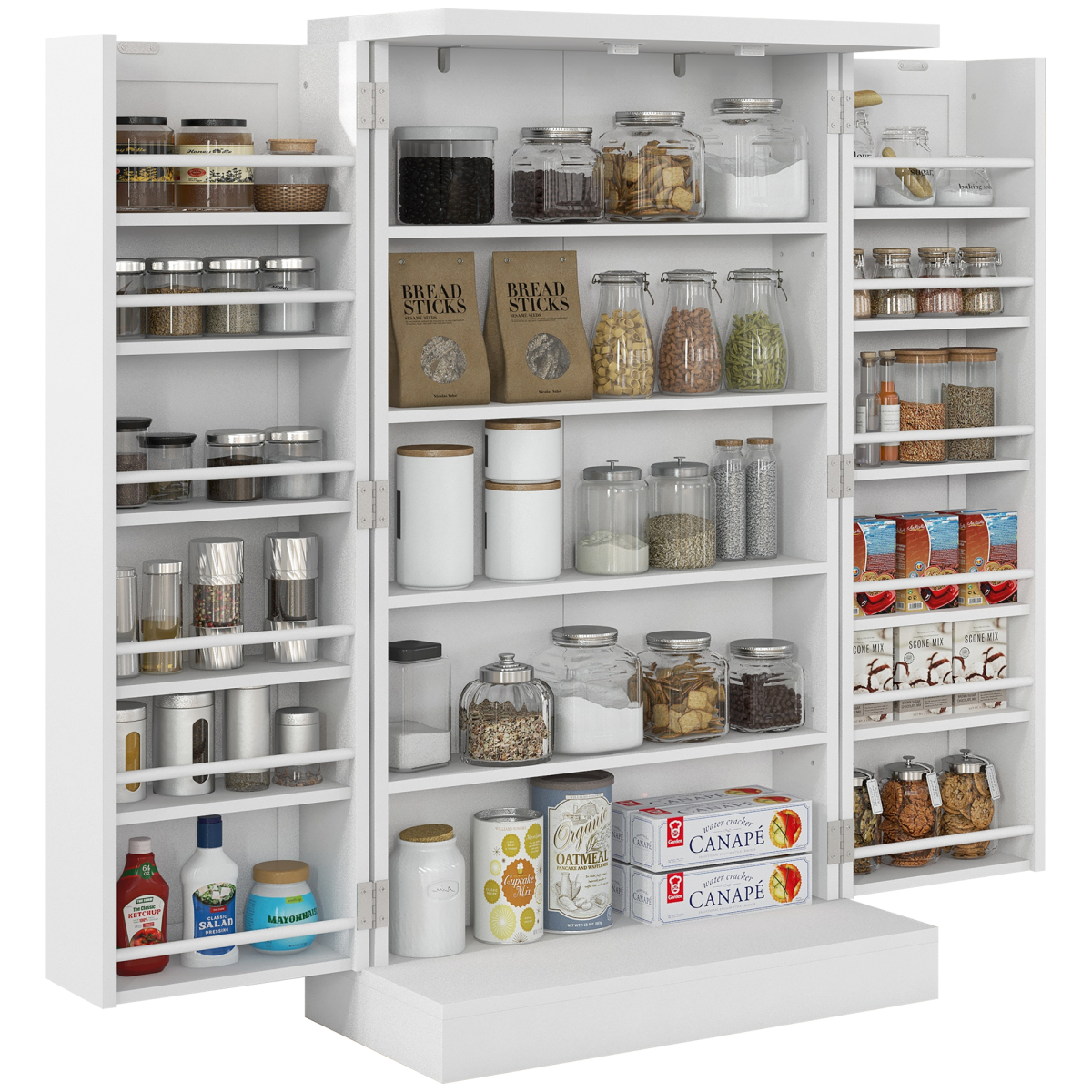 HOMCOM White Kitchen Cupboard, 5-Tier Shelf, Double Doors, 12 Spice Racks
