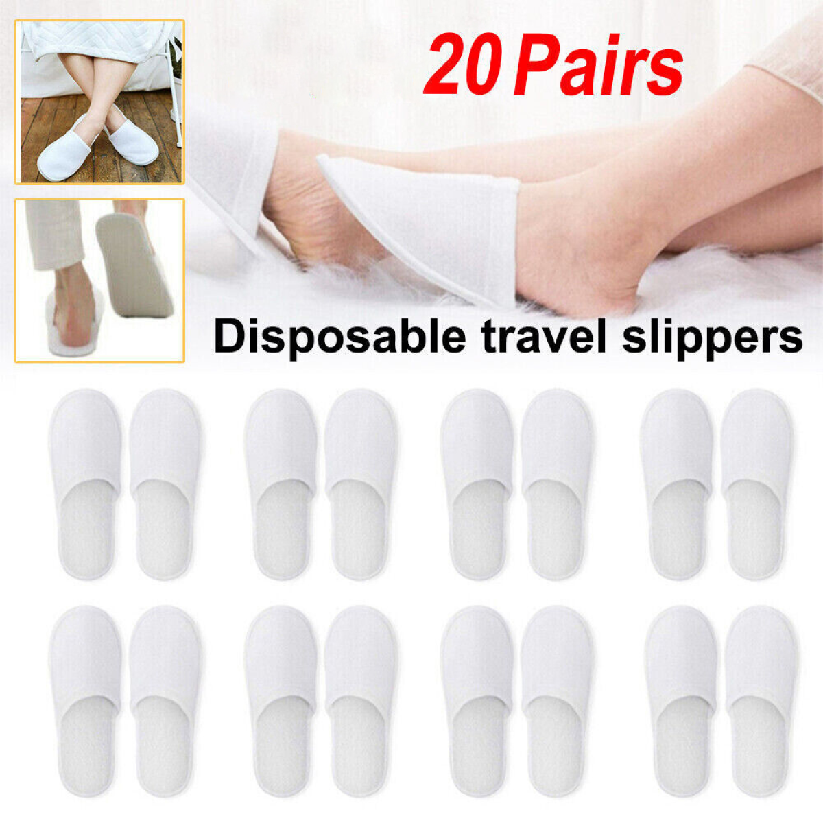 20 Pairs Disposable Towel Fabric Closed Toe Slippers for Spa Hotel Guests, White Bulk Pack