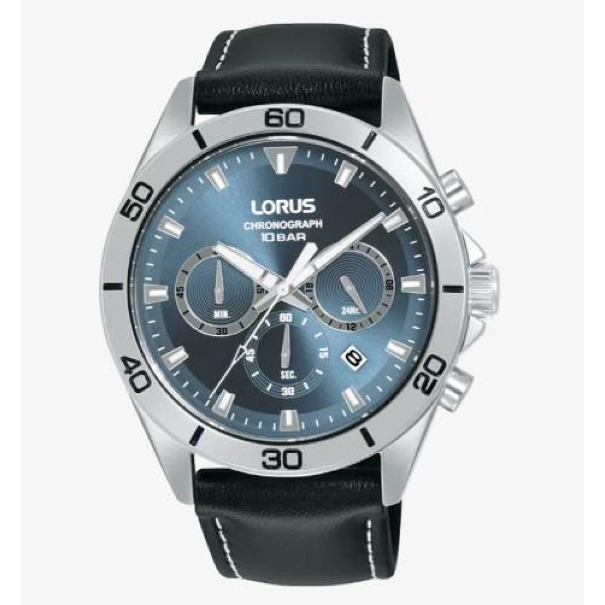 Lorus Mens Chronograph Date Grey/Blue Sunray Dial Black Leather Strap Watch RT341KX9
