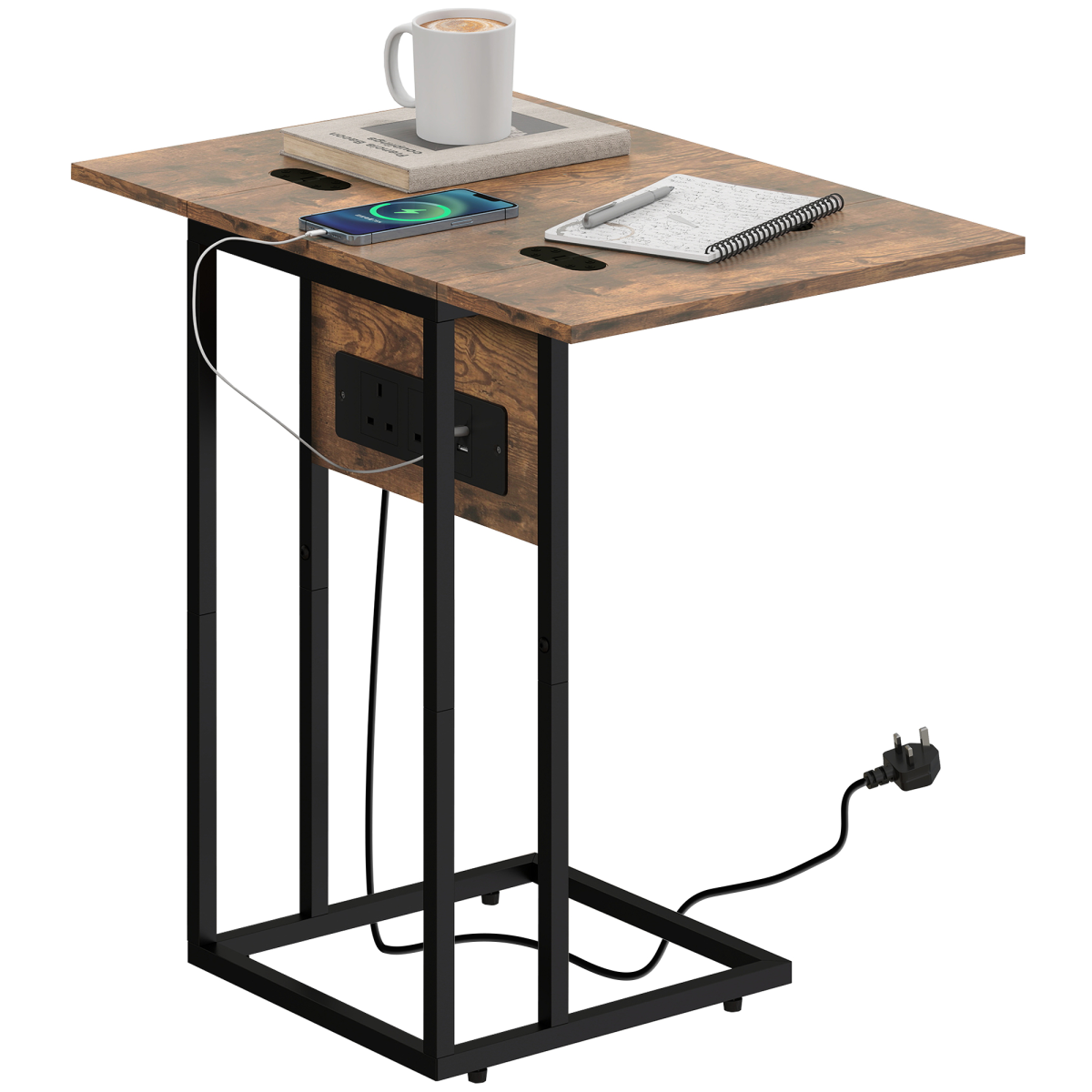 HOMCOM C-Shaped Side Table with Charging Station, Foldable Top