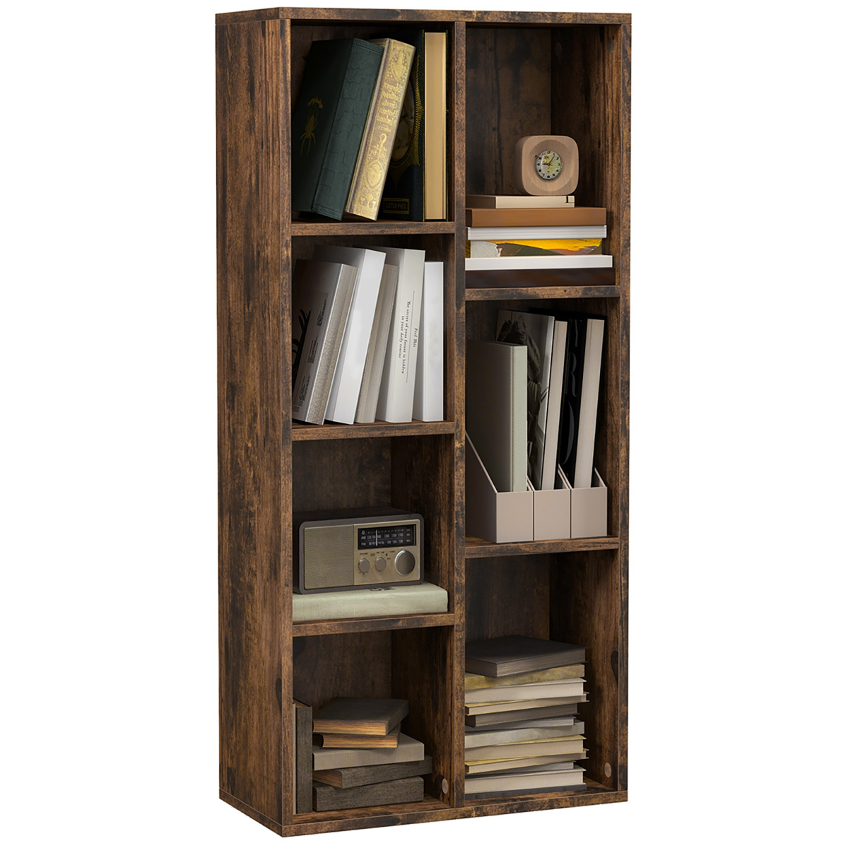 HOMCOM Industrial Bookcase Display Cabinet, 7-Compartment Cube Storage, Rustic Brown