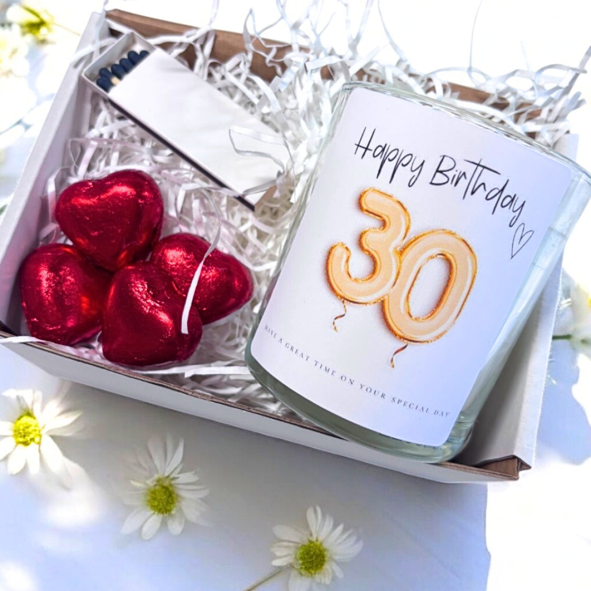 30th Birthday Candle Gift Set with Gold Balloons, Chocolates and Matches