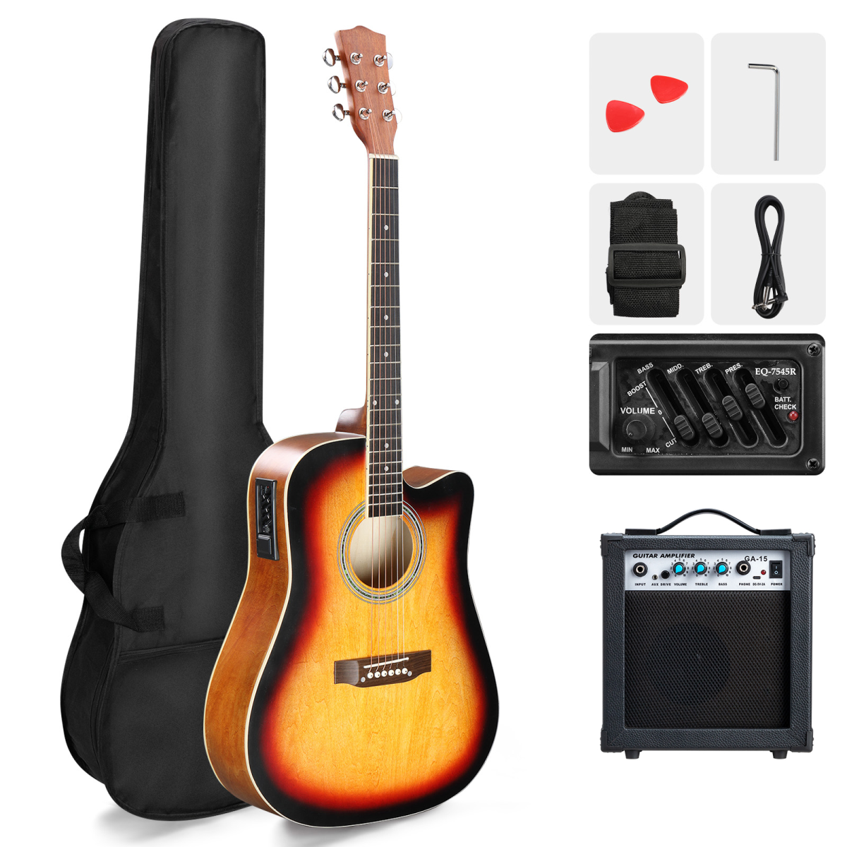 【】KMA101 41In Basswood Panel Matte Edging Folk Guitar with 10W Amplifier Bag Tuner and other Accessories Sunset